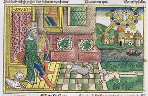 المزامير: صورة تظهر الملك داود وهو يعزف على القيثارة من كتاب نورمبرغ المقدس (Biblia Sacra Germanaica) (قطع خشبية ملونة) بواسطة المدرسة الألمانية