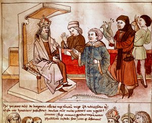 سيغيسموند الأول ملك لوكسمبورغ (1368-1437) ، إمبراطور الإمبراطورية المقدسة يتلقى جزية من الشعوب الخاضعة. مصغرة من "سجلات مجلس كونستانس" بواسطة أولريش ريتشينتال (1360-1437) 1438 تقريبًا ، مكتبة براغ الوطنية بواسطة المدرسة الألمانية