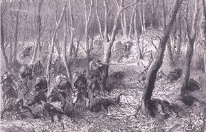 مناوشات في الغابة خارج باريس ، Cassells History of the War بين فرنسا وألمانيا التي نشرتها Cassell and Company Limited ، c1890 (litho) بواسطة المدرسة الألمانية