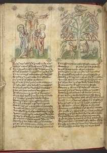 سلون 361 ، ص 26 نبوخذ نصر يرى شجرة في المنام ؛ الصلب ، من "منظار الخلاص البشري" (الحبر واللون على الرق) بواسطة المدرسة الألمانية