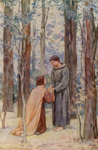 القديس فرنسيس يستقبل أحد الأتباع المرحبين به (ليثو ملون) بواسطة المدرسة الألمانية