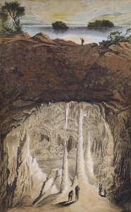 Stalactites and stalagmites in a cave (colour litho) بواسطة المدرسة الألمانية