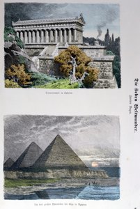 معبد ديانا في أفسس وأهرامات الجيزة ، من سلسلة من عجائب الدنيا السبع المنشورة في Munchener Bilderbogen ، 1886 (نقش الألوان) بواسطة المدرسة الألمانية