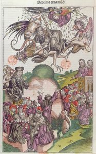 سقوط سيمون ماجوس ، من La Chronique de Nuremberg by Hartmann Schedel ، Nurnberg ، 1492 (قطع خشبية ملونة) بواسطة المدرسة الألمانية