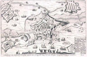 حاصر المسيحيون حصن كانيشا عبثًا في عام 1664 ، وهو رسم توضيحي من كتاب عن الحملات العثمانية في أوروبا ، نقش بواسطة بول فورست (1605-66) (نقش) بواسطة المدرسة الألمانية