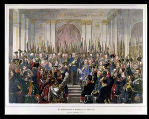 إعلان فيلهلم كقيصر للرايخ الألماني الجديد ، في قاعة المرايا في فرساي في 18 يناير 1871 ، 1871 (نقش الألوان) بواسطة المدرسة الألمانية
