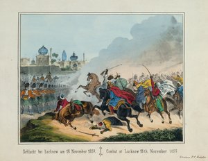 حصار لكناو في ولاية أوتار براديش خلال التمرد الهندي عام 1857 ، ورقة مصورة تم نشرها بواسطة PC Geissler ، Nuremberg ، 1857 بواسطة المدرسة الألمانية