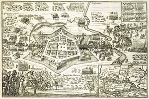 حصار Neuhausel من قبل الأتراك في 1663 ، توضيح من كتاب عن الحملات العثمانية في أوروبا ، نقشه Paul Furst (c.1605-66) بواسطة المدرسة الألمانية