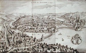 مدينة لوسيرن ، سويسرا ، من 'Itinera Alpina' بقلم يوهان جاكوب شيوتشيري ، نشرت عام 1706 (نقش) بواسطة المدرسة الألمانية