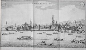 مدينة زيورخ ، سويسرا ، من المجلد الثاني من Itinera Alpina بقلم يوهان جاكوب شوتشيري ، تم نشره عام 1706 بواسطة المدرسة الألمانية