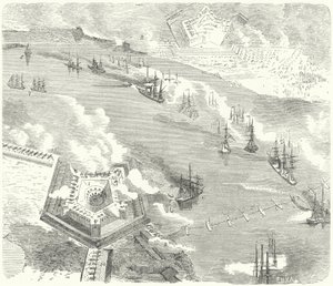 أسطول الاتحاد يهاجم فورت جاكسون وحصن سانت فيليب ، لويزيانا ، الحرب الأهلية الأمريكية ، 1862 بواسطة المدرسة الألمانية