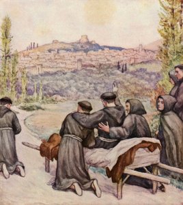 القديس فرنسيس المحتضر يبارك مدينة أسيزي (ليثو ملون) بواسطة المدرسة الألمانية