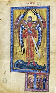 ظهور الحب الإلهي (رؤية من كتاب الأعمال الإلهية)، حوالي 1220-30 (غواش على الرق) بواسطة المدرسة الألمانية
