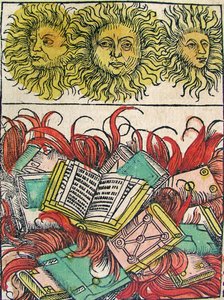 "ثلاث شموس وحرق كتاب" ، نُشر في نورنبرغ كرونيكل ، 1493 بواسطة المدرسة الألمانية