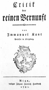 صفحة عنوان نقد العقل الصافي بقلم إيمانويل كانط ، نُشر عام 1781 بواسطة المدرسة الألمانية