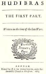 صفحة العنوان من القصيدة الساخرة Hudibras للشاعر الإنجليزي صموئيل بتلر ، نُشرت عام 1663 (نقش) بواسطة المدرسة الألمانية