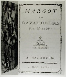 صفحة العنوان لـ "Margot la Ravaudeuse" (1750) بقلم M. de M. (Louis Charles Fougeret de Monbron 1706-1761) ، نُشرت في هامبورغ بواسطة المدرسة الألمانية
