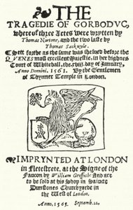 صفحة العنوان للطبعة الأولى من The Tragedie of Gorboduc (1565) ، بقلم توماس نورتون وتوماس ساكفيل (نقش) بواسطة المدرسة الألمانية