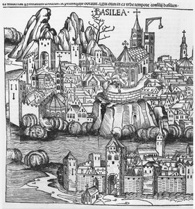 منظر لبازل ، توضيح من تاريخ نورنبرغ بقلم هارتمان شيدل (1440-1514) 1493 بواسطة المدرسة الألمانية
