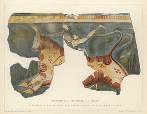 Wall painting from the Mycenaean palace at Tiryns, Greece, excavated by German archaeologist Heinrich Schliemann (colour litho) بواسطة المدرسة الألمانية