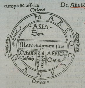 ص. ١٧٧ ظ خريطة T-in-O ، مع أسماء أماكن الحروف ، من Isidore of Seville ، Liber Etimologiarvm