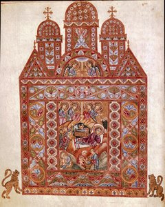 Nativite Miniature of the Codex of Egbert (Codex Egberti) بواسطة مدرسة Reichenau. 980 تقريبًا Cividale del Friuli أو Museo Archeologico أو Cathedrale de Cividale بواسطة المدرسة الألمانية