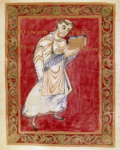 يأخذ الراهب Ruodprecht المخطوطة إلى قوس Egbert de Treves (977-993) المصغر من مخطوطة Egbert (Codex Egberti) من قبل مدرسة Reichenau. Cividale del Friuli أو Museo Archeologico أو Cathedrale de Cividale بواسطة المدرسة الألمانية