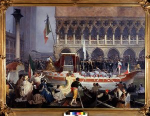 Entree of Vittorio Emanuele II (فيكتور عمانويل) (1820-1878) في البندقية. لوحة لجيرولامو (جيرولامو) إندونو (1827-1890). متحف Risorgimento ميلان