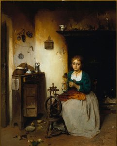 شابة تغزل الصوف، تعبيرها حزين وداخلها بائس. لوحة للفنان جيرولامو (جيرولامو) إندونو (1825-1890) ديم. 65x52 سم جينات نيرفي، غاليريا دارتي موديرنا، الجرد. 26