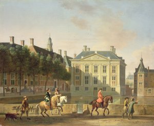 ال Mauritshuis من Langevijverburg ، لاهاي ، مع حفلة صقور في المقدمة بواسطة جيريت أدريانينز بيركهايد