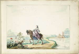 امرأة على ظهور الخيل في منظر طبيعي
