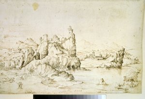 "" Un chateau perche sur une montagne "(قلعة على صخرة في مناظر الجبال) رسم بالحبر البني بقلم غيراردو سيبو (1512-1600) 1540 متحف بوشكين ، موسكو بواسطة غيراردو سيبو