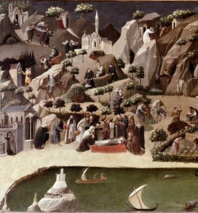 تفاصيل Thebaide of the Hermits. وصف لحياة النساك في الصحراء. ديتريمب على خشب منسوب إلى غيراردو ستارنينا (القرنين الرابع عشر والخامس عشر). 1400 تقريبًا خافت. 2x0.8 م فلورنسا ، جاليريا ديجلي أوفيزي (مكاتب)