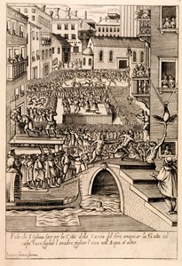 طعم الحيوانات في "مهرجان الصيد" في البندقية ، توضيح من سلسلة "Habiti d&39;Huomini e Donne Venetiane" ، تم نشره عام 1610 بواسطة جياكومو فرانكو