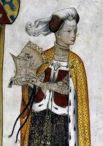 تمثيل الهوامش من Saluzzo وزوجهم كأبطال وبطلات تاريخية وأسطورية. التفاصيل: Riccarda di Sicilia ، زوجة Tommaso II ، مثل Amazon Queen Lampeto. 1418-30 بواسطة جياكومو جاكوريو