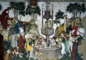 ينبوع الشباب. التفاصيل: الوصول والاستحمام في النافورة. 1418-30 بواسطة جياكومو جاكوريو