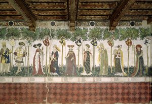 The Nine Worthies and the Nine Worthy Women، detail of Charlemagne، Godfrey de Bouillon، Delphine، Iynoppe، Hippolyte، Menalyppe، Semiramis، Lampeto and Tamyris، 1418-30 بواسطة جياكومو جاكوريو