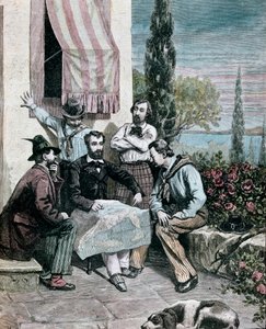 Risorgimento: المنفيون في كورفو (كورفو) الذين يدرس أشقاؤهم أتيليو بانديرا (1810-1844) وإميليو بانديرا (1819-1844) خريطة إيطالية للقيام برحلة استكشافية. نقش عام 1884 لمجموعة Mantegazza الخاصة