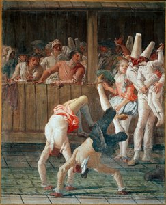 Commedia dell'arte: "" البهلوانيون (Polichinelle أو Pulcinella والأكروبات) اللوحة بواسطة Giandomenico Tiepolo (1727-1804) 1793 تقريبًا. شمس. 196x160 سم Ca 'Rezzonico ، البندقية