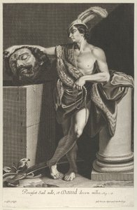 دافيد يقف بساقيه متقاطعتين ممسكًا برأس جالوت على قاعدة في ... ، كاليفورنيا. 1635-45.