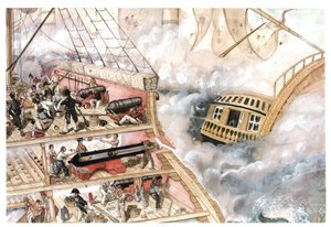 الحرب النابليونية: معركة ترافالغار، التي دارت رحاها في 21/10/1805 بين الأسطول الفرنسي الإسباني بقيادة الأدميرال فيلنوف والأسطول البريطاني بقيادة نائب الأدميرال نيلسون. مقطع عرضي للسفينة يُظهر الجزء الداخلي للسفينة، ق بواسطة جورجيو ألبرتيني