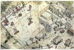 العصور الوسطى: منظر جوي يمثل العمال الذين كانوا يعملون في محاجر الرخام في كرارا (كارارا) في القرن الخامس عشر. يتم تمثيل الخطوات المختلفة، الاستخراج، حجم الكتلة، النقل. إيطاليا رسم توضيحي لجورجيو ألبرتيني. (استخدام هذا المؤلف لـ بواسطة جورجيو ألبرتيني