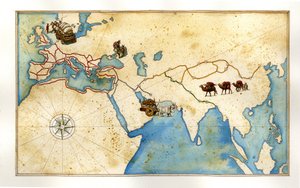 العصور الوسطى: الطرق الرئيسية التي كانت تعبر أوروبا (الطرق الرومانية)، وطرق التقشير (القدس)، وطريق الحرير إلى الصين.