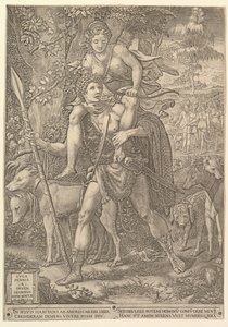 Allegory of the Hunt ، صياد يحمل رمحًا كبيرًا يحمل امرأة ديانا على حذاءه ... ، 1556. بواسطة جورجيو غيسي