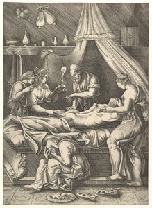 استعارة من المرض ، رجل يضع السجود على سرير محاط بالأشكال ، كاليفورنيا. 1540.