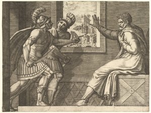 كايوس ماريوس في السجن ، جنديان من سيمبريان يدخلان زنزانته ، 1560-69. بواسطة جورجيو غيسي