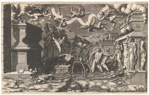 رؤيا حزقيال ، مجموعة من الجثث والهياكل العظمية الخارجة من القبور ، فوقهم ... ، 1554.