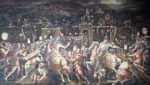 إيطاليا ، فلورنسا ، Palazzo Vecchio (القصر القديم) ، Salone dei Cinquecento ، الاستيلاء على الحصن بالقرب من Port Camollia في Siena بواسطة جورجيو فاساري