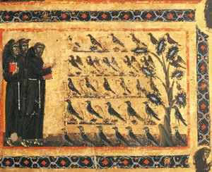 قصص القديس فرنسيس: القديس فرنسيس يعظ الطيور ، لوحة جدارية بقلم جيوتو (1267-1337) ، حوالي 1325. كنيسة باردي في فيرنيو ، بازيليك سانتا كروتش ، فلورنسا. إيطاليا