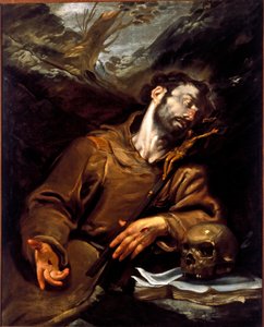 لوحة L'ecstasy de Saint Francois d'Assisi (فانيتا) بواسطة Gioacchino Assereto (1600-1649) جينات القرن السابع عشر ، Galleria di Palazzo Bianco بواسطة جيوفاتشينو أسيريتو